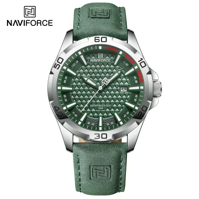 NAVIFORCE NF8023 Classic Business Leather Strap Wristwatch for Man Quartz 3ATM Waterproof Men's Watches Date Display Male Clock - Silver Green